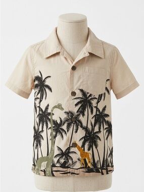 Old Navy Boy Button Down Camp Shirt Dinosaur Palm Tree Safari Jungle Top Size 2T